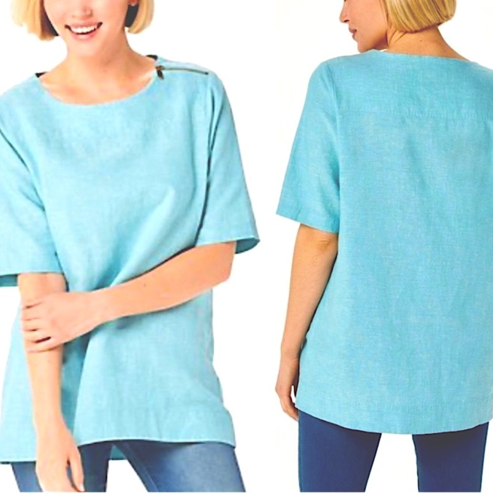 Martha Stewart Blue Linen Cotton Shirt Top
